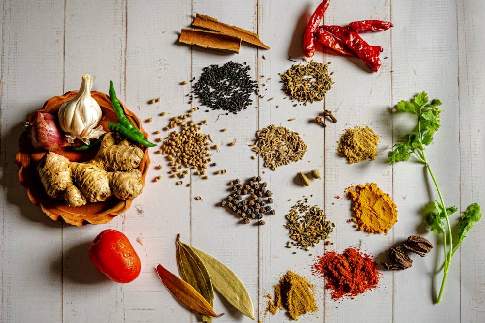 Colourful spices arranged for cooking